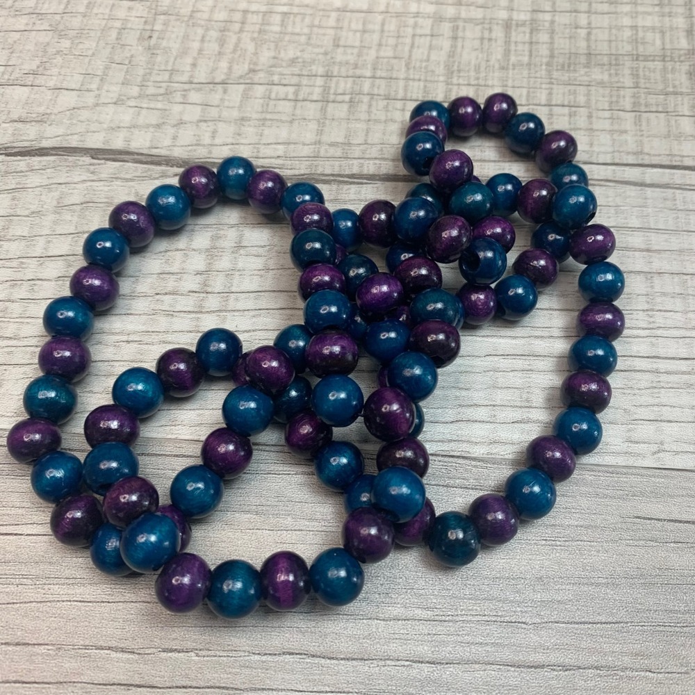 Long Purple Teal Blue Wood Bead Strand Necklace 34" Boho Layering Jewelry 5583 - Picture 3 of 4
